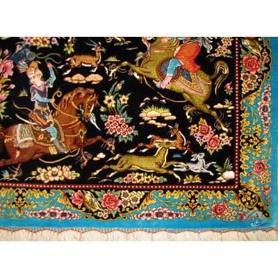 Zar-o-charak Carpet Handwoven Qom Hunting Ground Design