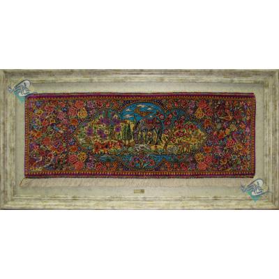 تابلویی فرش دستباف تمام ابریشم قم نقشه گل و بلبل و حیواندار عرضی