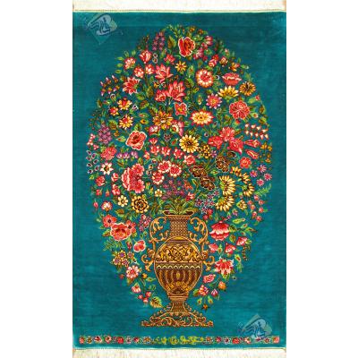 تابلو فرش دستباف تمام ابریشم قم گلدانی یکطرفه تولیدی احمدی