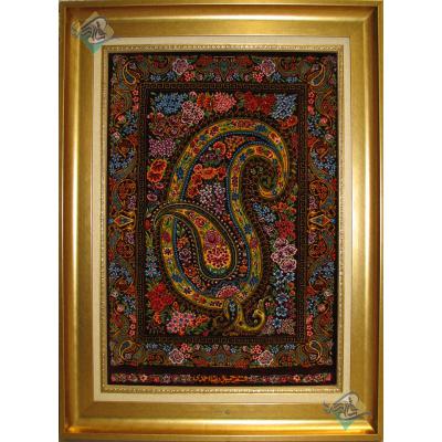 تابلویی فرش دستباف تمام ابریشم قم بته جغه گلدار تولیدی احمدی