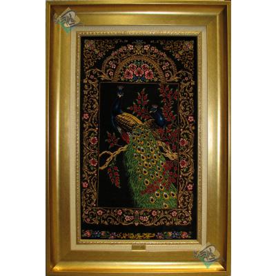 تابلویی فرش دستباف تمام ابریشم قم طرح طاووس تولیدی احمدی