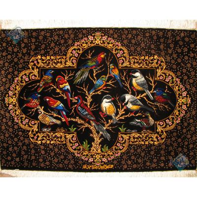 تابلویی فرش دستباف تمام ابریشم قم باغ پرنده تولیدی احمدی