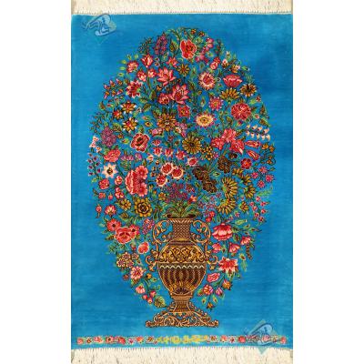 تابلویی فرش دستباف تمام ابریشم قم طرح گلدان تولیدی احمدی