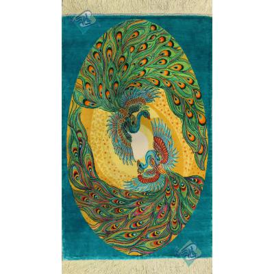 تابلویی فرش دستباف تمام ابریشم قم طرح طاووس هشتاد رج بدون قاب
